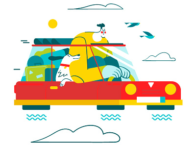 Flying Away! 🚗 bird car character dog flat fly future illustration vector