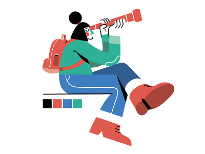 Exploring adventure backpack character explore flat illustration telescope vector woman