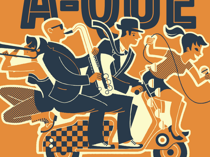 Scoot-A-Que 21 blue illustration orange group music band ska lambretta vespa mod scooter