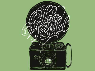 See the world Revised camera drawn globe hand script