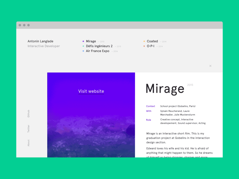 Antonin Langlade's Portfolio / Project Page animation colorful developer portfolio prototype web