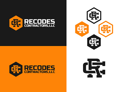 Recodes Contractor Logo black construction contractor hexagon logo manly monogram orange remodeling tough white