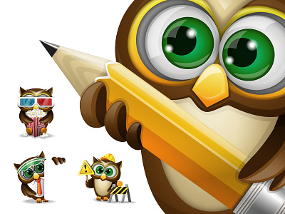 Owls character illustration owl pencil popcorn