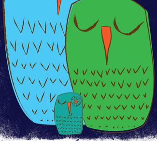 We 3 Owls Good Night baby blue brown green illustration midnight blu midnight blue night time orange owls sleeping strawberryluna teal wink