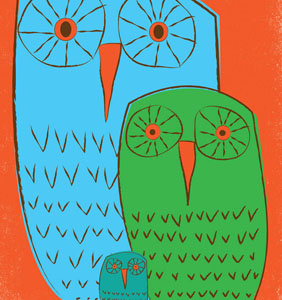 We 3 Owls Good Morning baby blue brown day time eyes green illustration orange owls strawberryluna teal wide awake