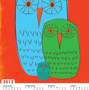 2012 Calendar baby blue brown calendar eyes green illustration orange owls strawberryluna teal