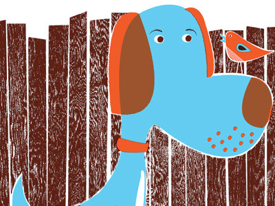 Bird Dog & Bird, adding textures baby blue bird blue color dog illustration orange overlay overprint strawberryluna texture wood grain