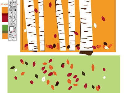 Working area for "Autumn Cardinal" adobe illustrator autumn cardinal birch trees illustration leaves overprints printmaking screenprinting seasons silkscreen strawberryluna