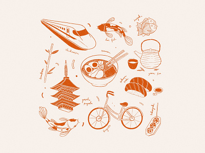 Japan bike debut design flat food graphic icon icons illustration japan ramen simple sketch sushi tea texture travel