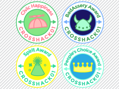 CrossHack Badges awards badges colorful hackathon happiness hats