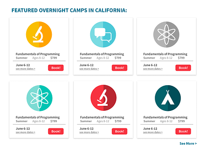 Featured Camps Cards camp card icons math science summer camp ui ui design units