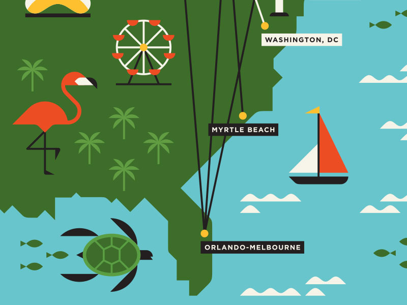 Porter Airlines fish turtle sailboat ferris wheel waves sea flamingo map