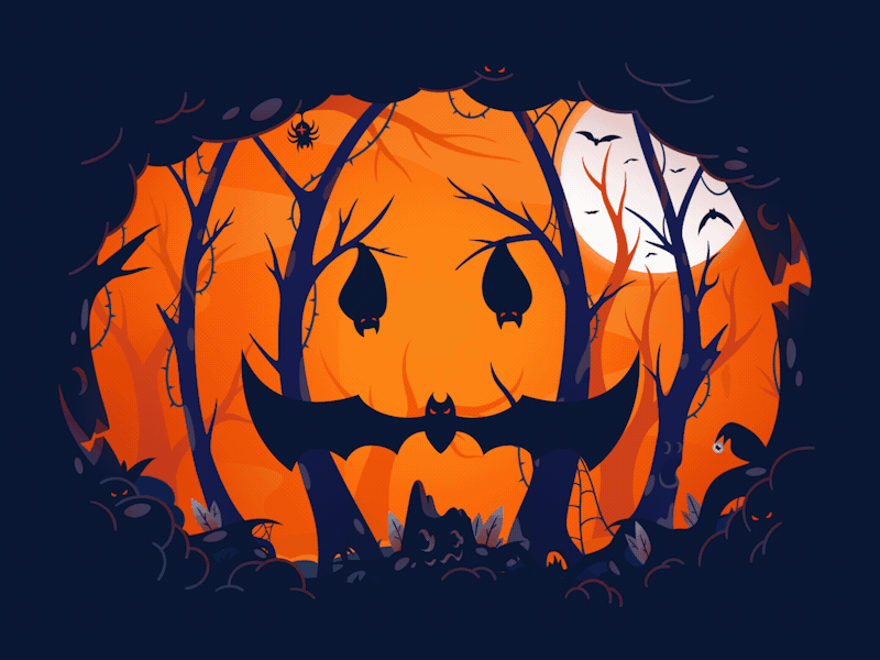 🎃 Like or Treat! Freebies Inside animation autumn bat cartoon forrest halloween horror illustration motion pumpkin scary sunset tree