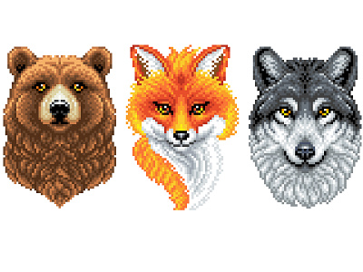 Pixel Art Animals 8bit animals bear character design fox illustration graphicdesign illustration illustration art pixel perfect pixelart pixelartist pixels wolf