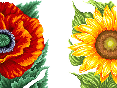 Summer flowers. Pixel art colorful design flower illustration flowers graphicdesign illustration illustration art pixel perfect pixelart pixelartist pixels poppies red sunflower yellow