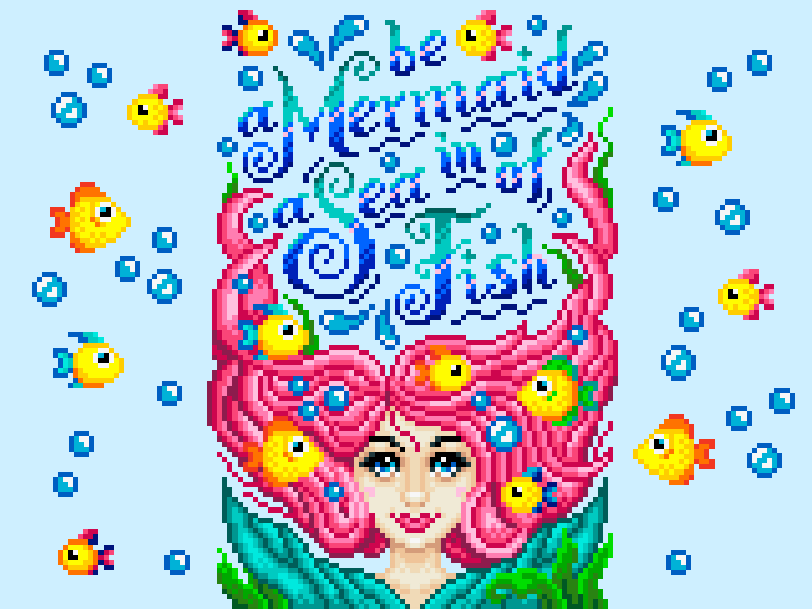 Be a Mermaid in a Sea of Fish digital illustration character design character pink hair girl blue fishes sea mermaid gif animation pixel perfect pixel artist pixel art pixels design illustration graphic design gif