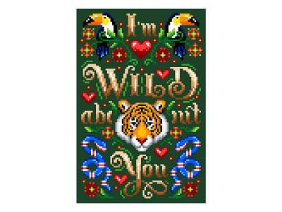 Pixel Art. I'm Wild about You. character design digital digital illustration graphicdesign green illustration illustration art jungle love pixelart pixelartist pixels tiger toucan wild