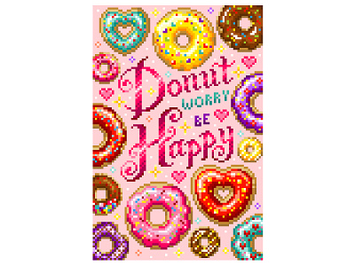 Pixel Art. Donut Worry be Happy. cake design dessert digital art donuts food graphicdesign illustration illustration art pink pixel art pixelartist pixels sugar sweet