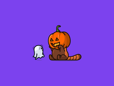 red panda pumkin and the ghost halloween theme cartoon cute design ghost halloween halloween head halloween pumkin illustration logo mascot red panda
