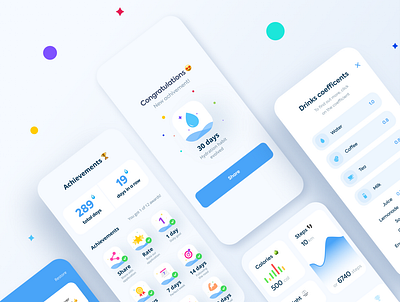 Water Tracker App achievement app application challange design drink drinks figma habit health hydro interface log mobile screens tracker ui userinterface ux water