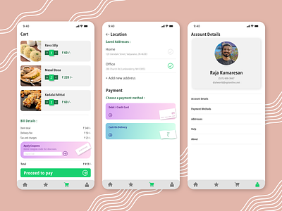 Concept UI || food || mobile app || part_2 account account settings adobe illustrator adobe xd cart design flat food food app food delivery illustration inkscape minimal mobile mobile app design mobile ui payment ui ux xd