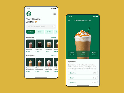 Starbucks Drink Menu App - Daily UI 043 app concept dailyui dailyui043 design designer mobile ui