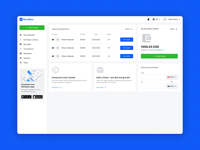 RemitBee Online Money Transfer Platform | Dashboard Design clean concept dashboard design designsystem ui ux uxui web webapp