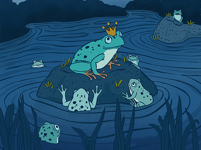 Frog King - October Challenge amphibian animal artober blue crown digital drawing frog illustration king moon moonlight night pond procreate