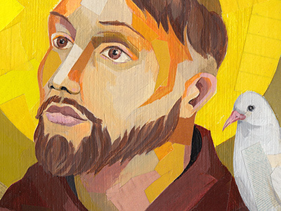 Portrait of St. Francis of Assisi bird collage illustration painted