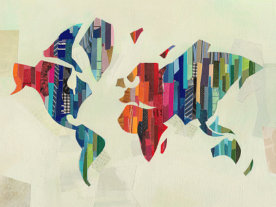 World map collage illustration layers map painterly texture