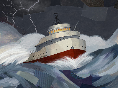 Edmund Fitzgerald boat collage illustration lightening waves
