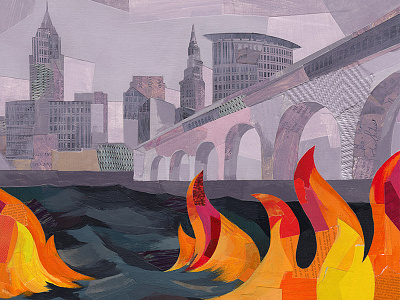 Burning River beer beer label collage fire illustration label river skyline