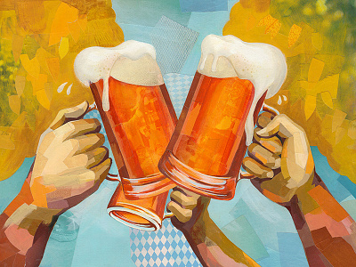Oktoberfest beer brew cheers collage craft glasses hands painterly trees