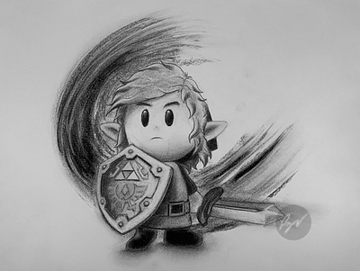 Charcoal drawing of Link carboncillo shield sketch triforce