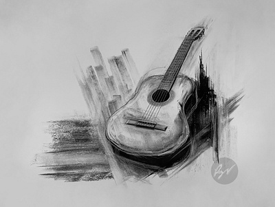 Charcoal drawing of an Acoustic guitar art musica