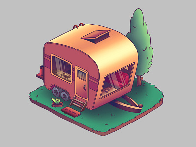 Trailer game icon house icon illustration isometric logo tiny trailer