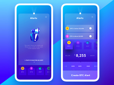 Exodus Wallet 3.0. The Alerts Pages alerts app bitcoin wallet bitcoins ethereum interaction mobile notifications purple slider ui ux