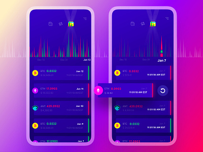 Exodus Wallet 3.0. The Transactions Pages app bitcoin calendar credit crypto wallet debit ethereum filters graphic illustraion interaction mobile purple red transactions ui ux