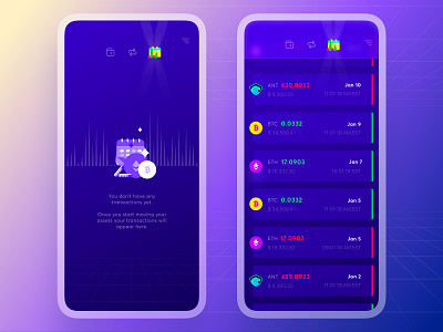 Exodus Wallet 3.0. The Transactions Interaction animation app app scroll state bitcoin chart crypto crypto wallet empty state ethereum interaction mobile transactions ui ux