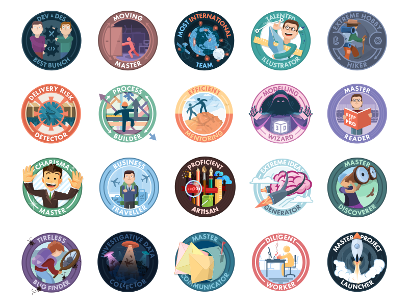 Gamification Batch WIP achievement award badge colorful fun game gamification graphic icons illustration prize vector