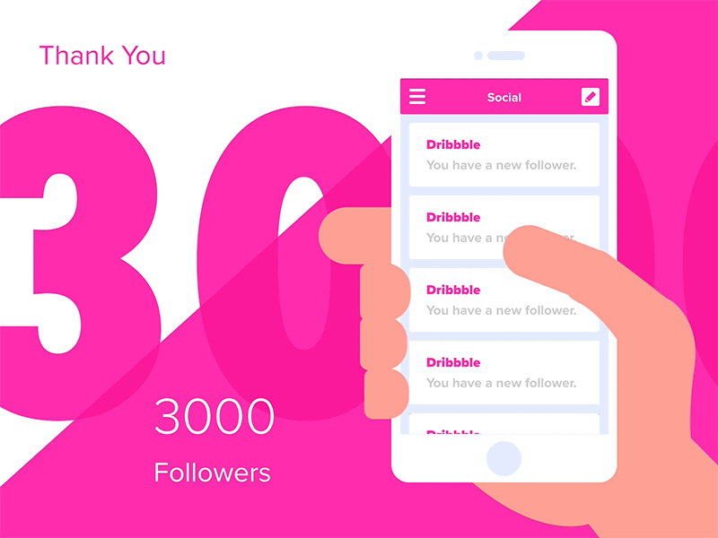 3000 Followers animation app dribbble follow gif ios list mail mobile notifications pink principle
