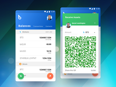 BitShares Munich. Carbon (Smartcoins Wallet v2.0). android app cryptocurrency finance floating button mobile qr code sketch ui ux