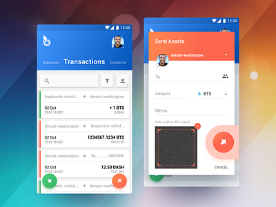 BitShares Munich. Carbon (Smartcoins Wallet v2.0) android app cryptocurrency finance floating button mobile qr code sketch ui ux
