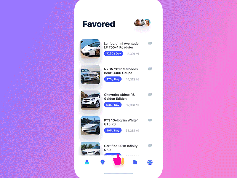 Get Wheels. Bottom Nav application bottom navigation car likes list mobile principle side menu swipe ui ux vehicle