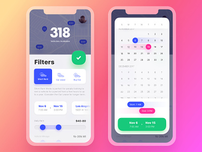 Get Wheels. Final Filters calendar date picker filters friendly interaction interaction logic iphonex lease map map pins mobile rental rounded scheduler slider tabs toggle ui ux vehicle