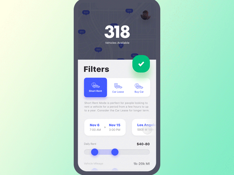 Get Wheels. Filters Interaction animation app date picker friendly interaction interaction logic iphonex lease map map pins mobile principle rental rounded scheduler toggle ui ui animation ux vehicle