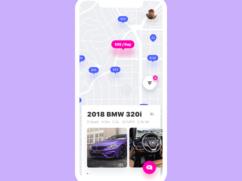 Get Wheels. Unit Page application carrental dashboard dashboard ui dislike filters interaction interaction logic iphone 10 lease like list map mappins principle process steps swipe swipes ux