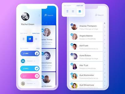 Rolodex. Dark Tiles & Light List Views app arrow contacts dark mode iphone launch loader night mode notebook notes onboarding page turn pages purple rolodex slack switcher tabs twitter