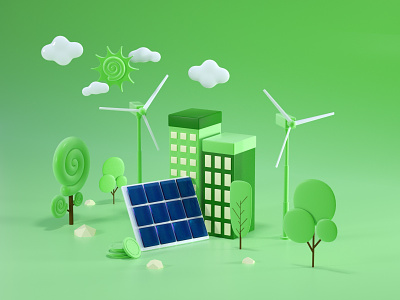 Green energy 3D illustration 3d cinema 4d green energy illustration octane render solar panel wind energy wind generator