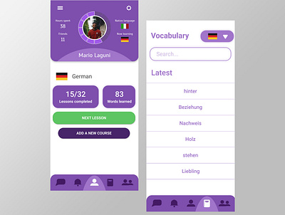 UI design for "Learno", language learnin app 2020 trend app app design app screen app screens app ui education figma learning minimal primitive purple trending ui ux ux designer ux research ux ui vector